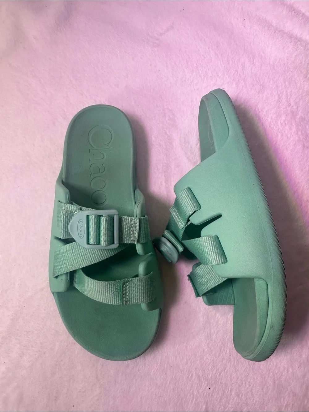 Chaco Seafoam Green Two-Strap Slide Sandals